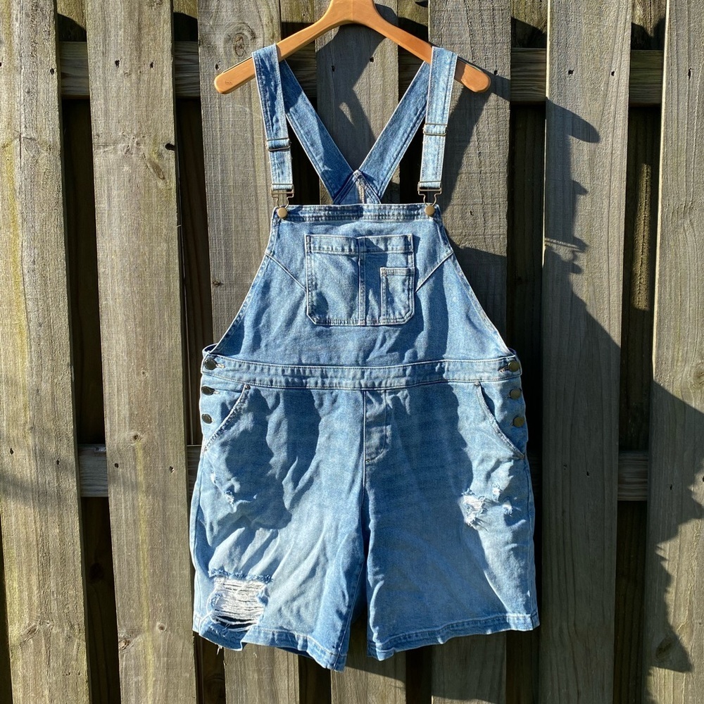 Lane Bryant Boyfriend Short Overalls - Destructed Light Wash